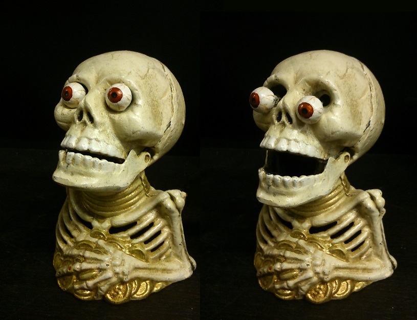 Skeleton Cast Iron Mechanical Coin Bank - Click Image to Close