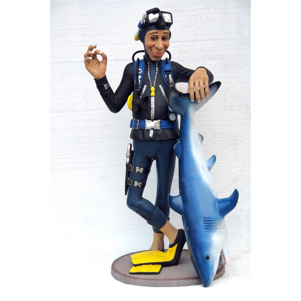 Diver With Shark Statues - Click Image to Close
