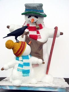 Snowman With Child and Bird - Click Image to Close